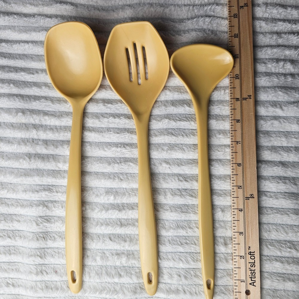 Vintage 3 Piece Melamine Kitchen Tool Set OS MCM Retro Harvest Gold Utensils